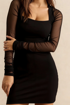 Doris Black Square Neck Mini Dress with Sleeves