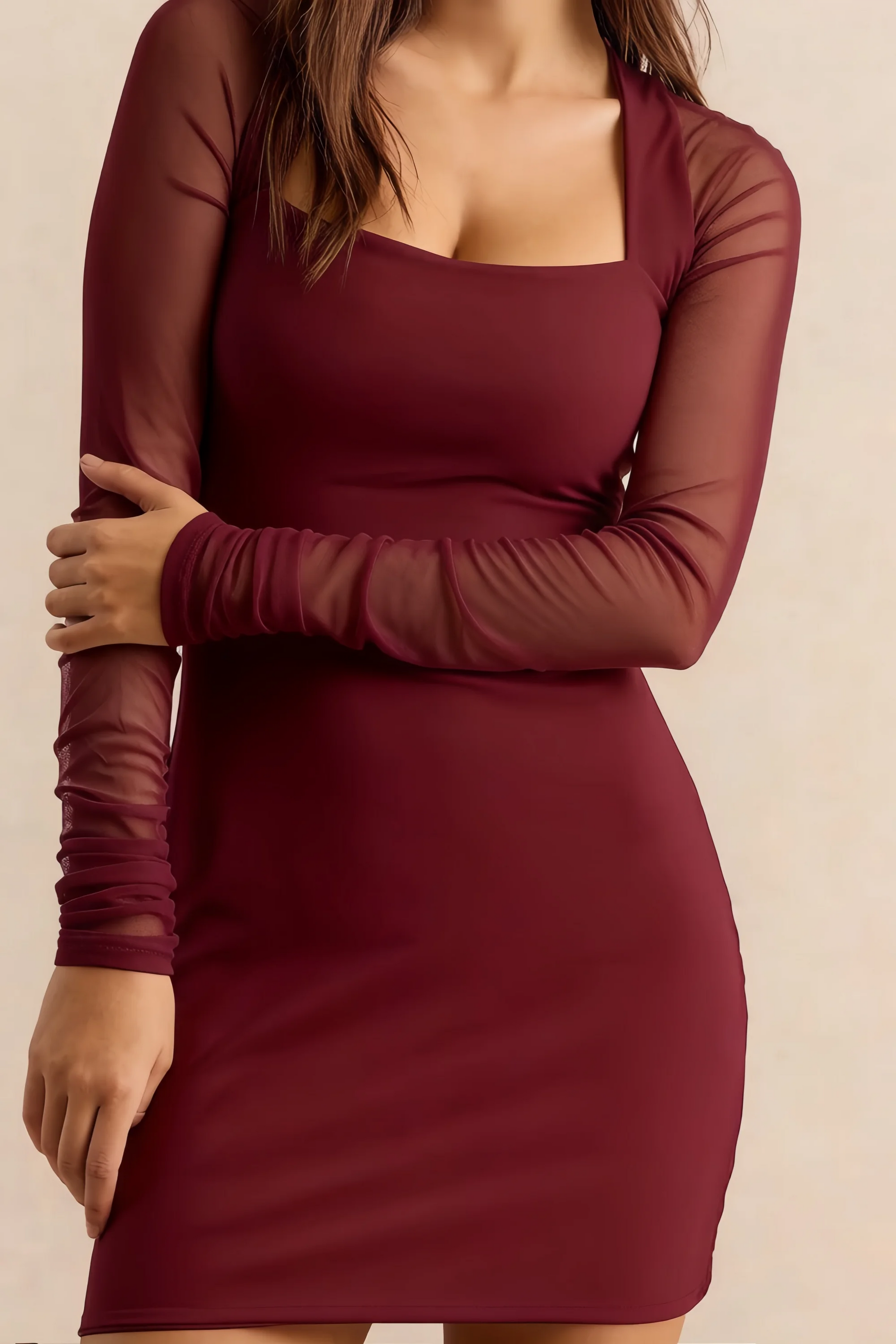 Doris Burgundy Mesh Long Sleeves Bodycon Mini Dress