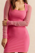 Doris Hot Pink Keyhole Mini Dress with Sleeves