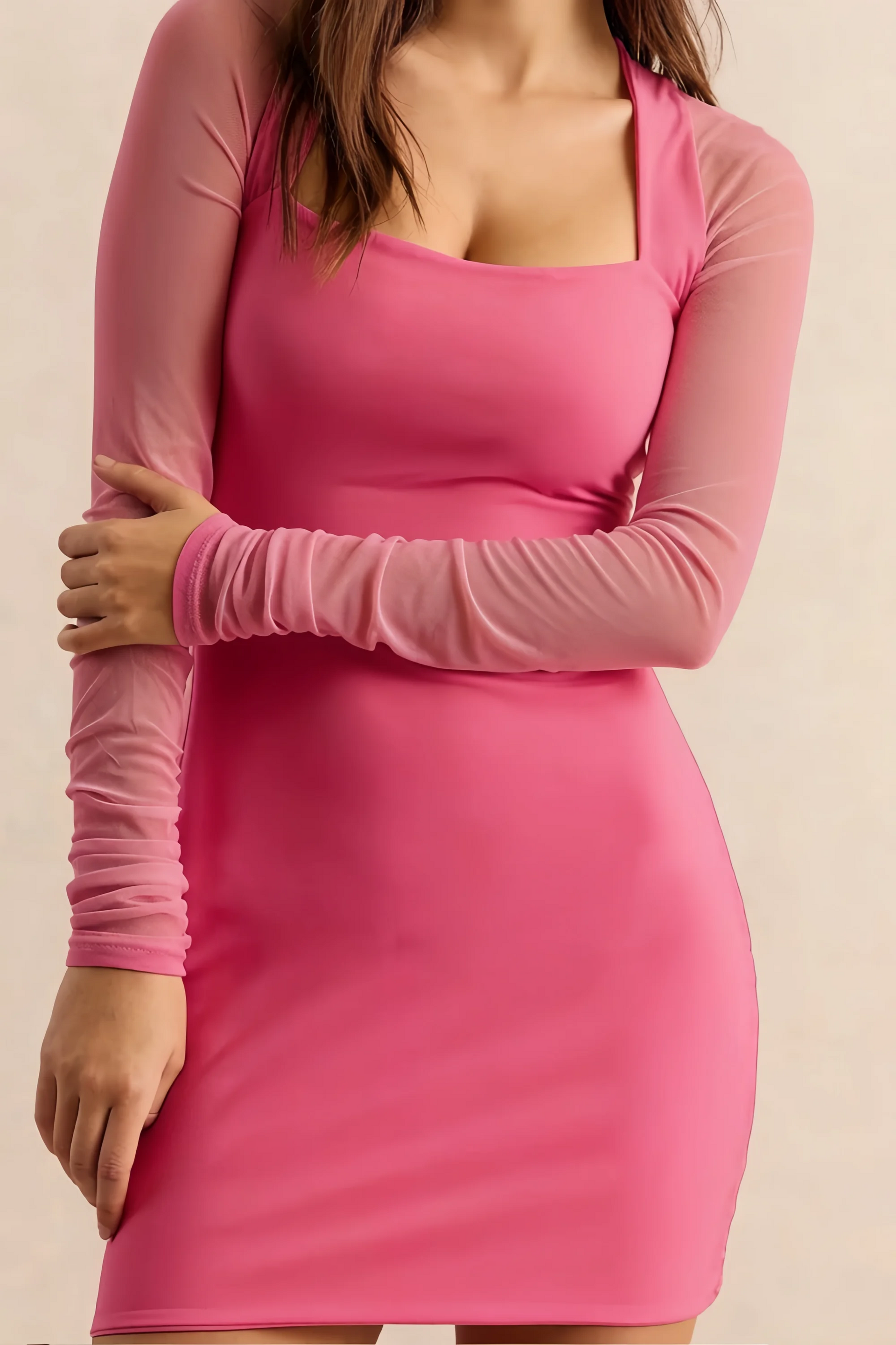 Doris Hot Pink Keyhole Mini Dress with Sleeves