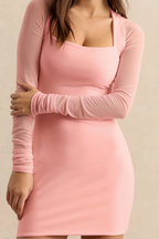 Doris Pink Square Neck Long Sleeve Mini Dress