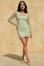 Doris Sage Green Bodycon Mini Dress with Sheer Long Sleeves