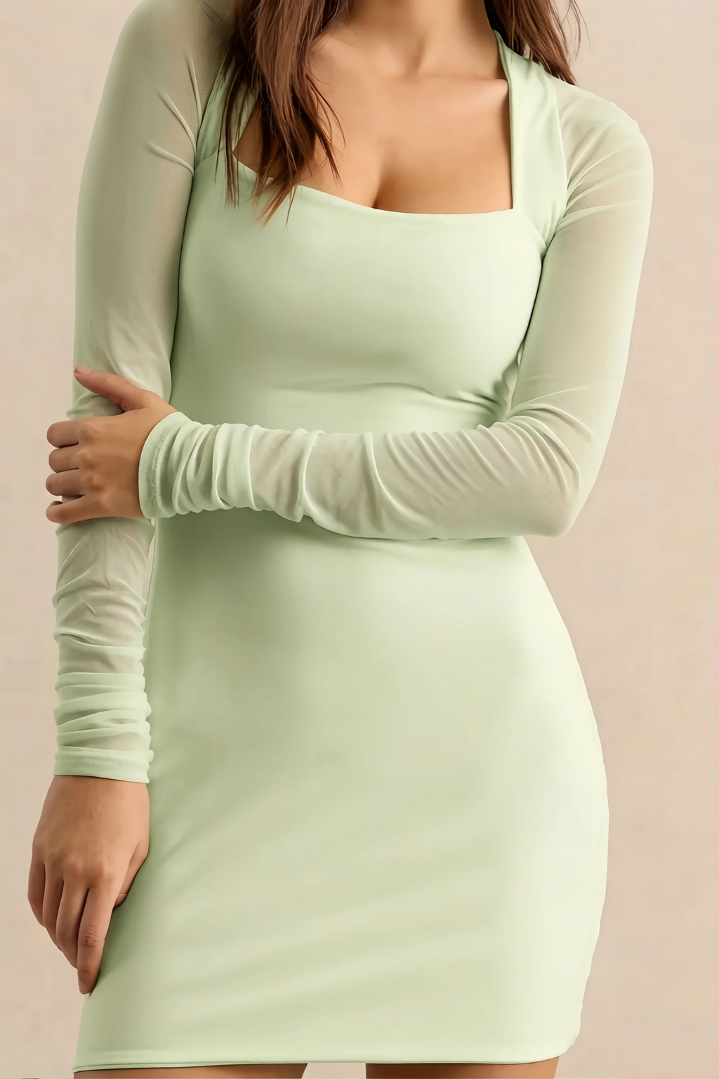 Doris Sage Green Bodycon Mini Dress with Sheer Long Sleeves