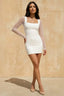 Doris White Sheer Mesh Long Sleeve Mini Dress | Square Neck Bodycon Cocktail Dress
