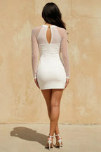 Doris White Sheer Mesh Long Sleeve Mini Dress | Square Neck Bodycon Cocktail Dress