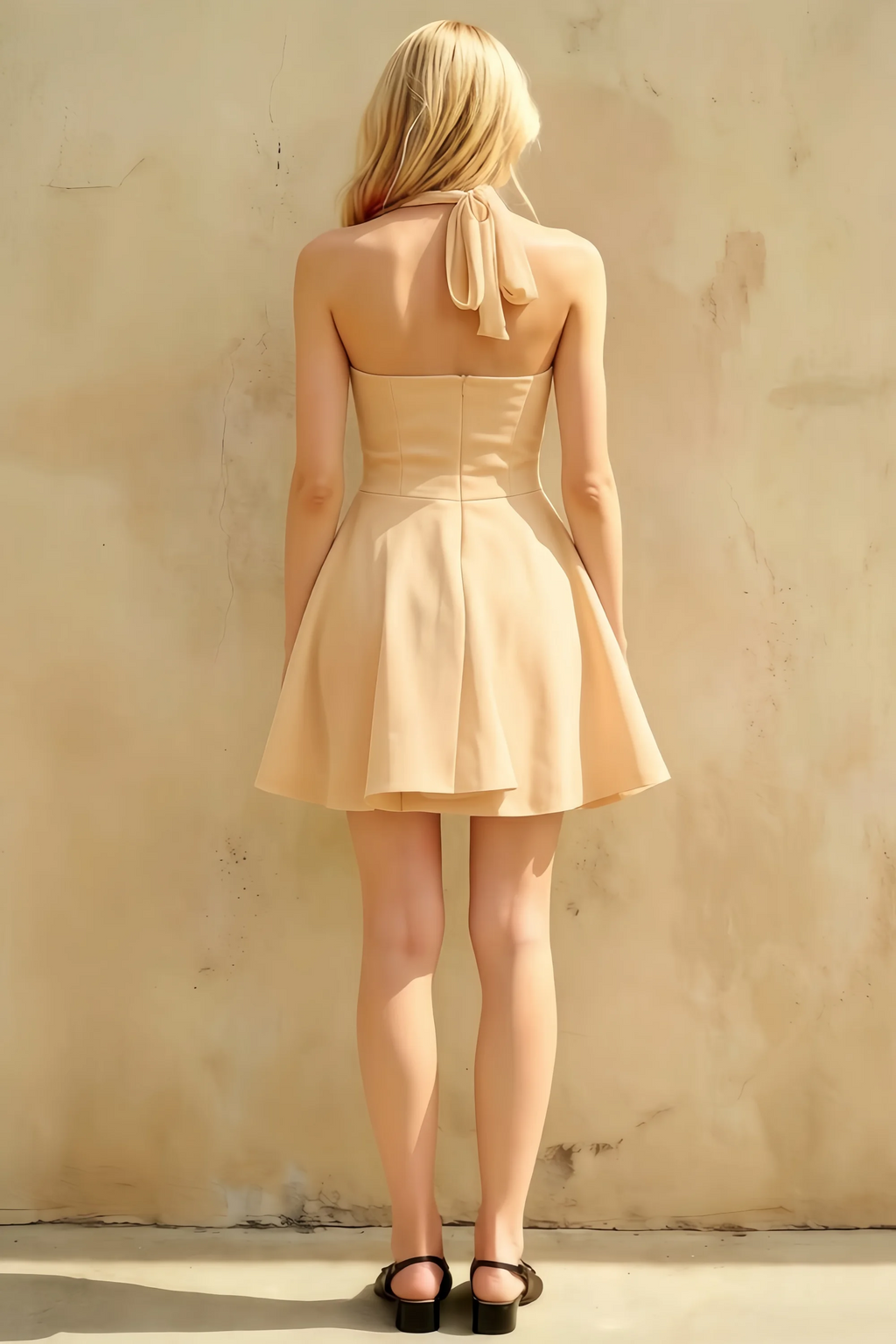 Dorothy Champagne A-Line Open Back Mini Dress | Halter Party Dress