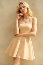 Dorothy Champagne A-Line Open Back Mini Dress | Halter Party Dress
