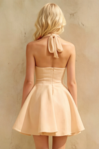Dorothy Champagne A-Line Open Back Mini Dress | Halter Party Dress