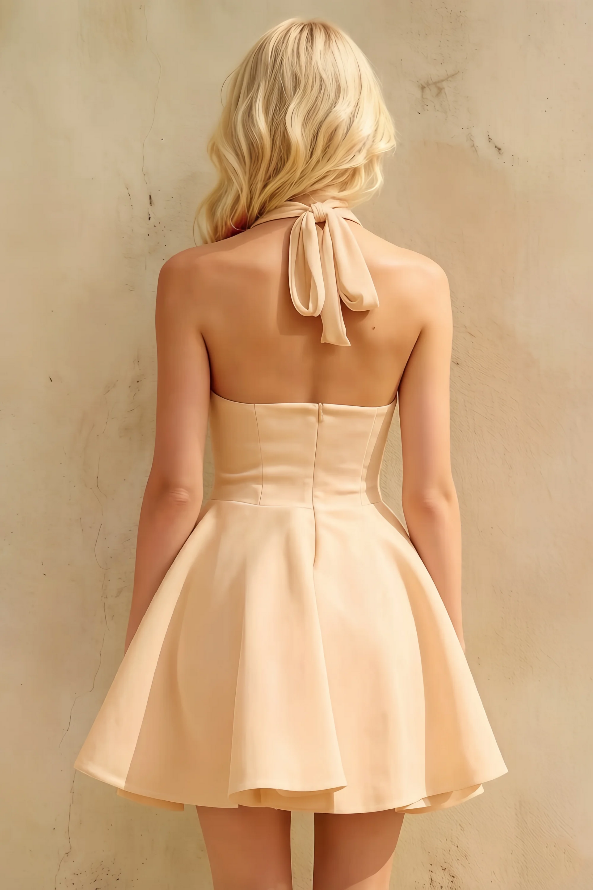 Dorothy Champagne A-Line Open Back Mini Dress | Halter Party Dress