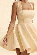 Dorothy Champagne A-Line Open Back Mini Dress | Halter Party Dress