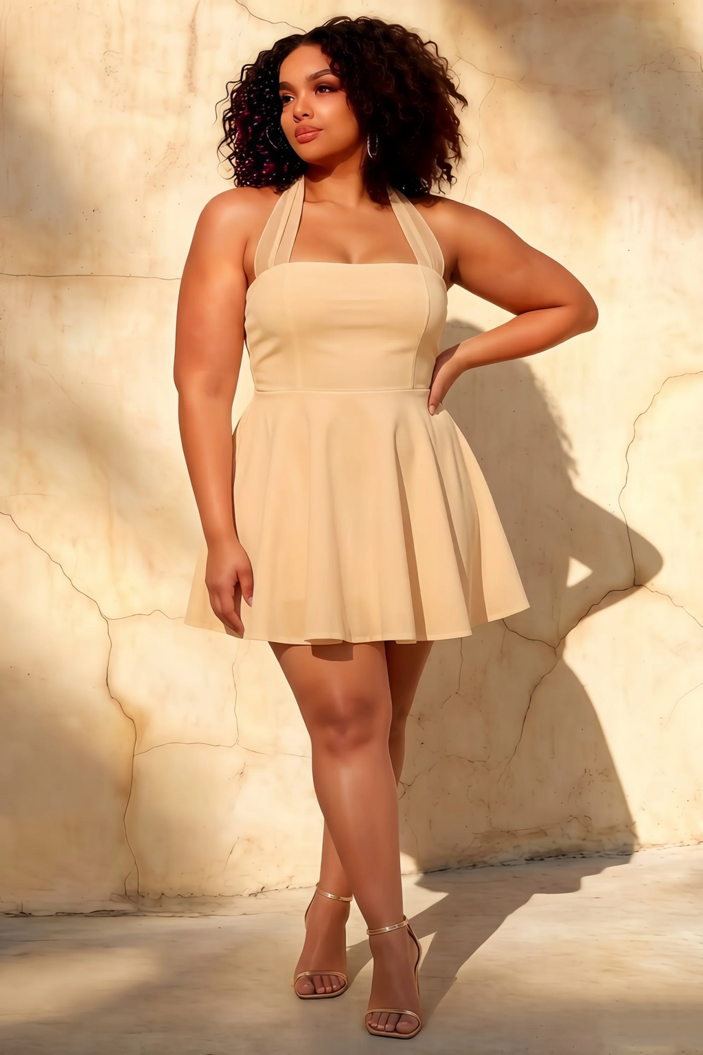 Dorothy Champagne A-Line Open Back Mini Dress | Halter Party Dress