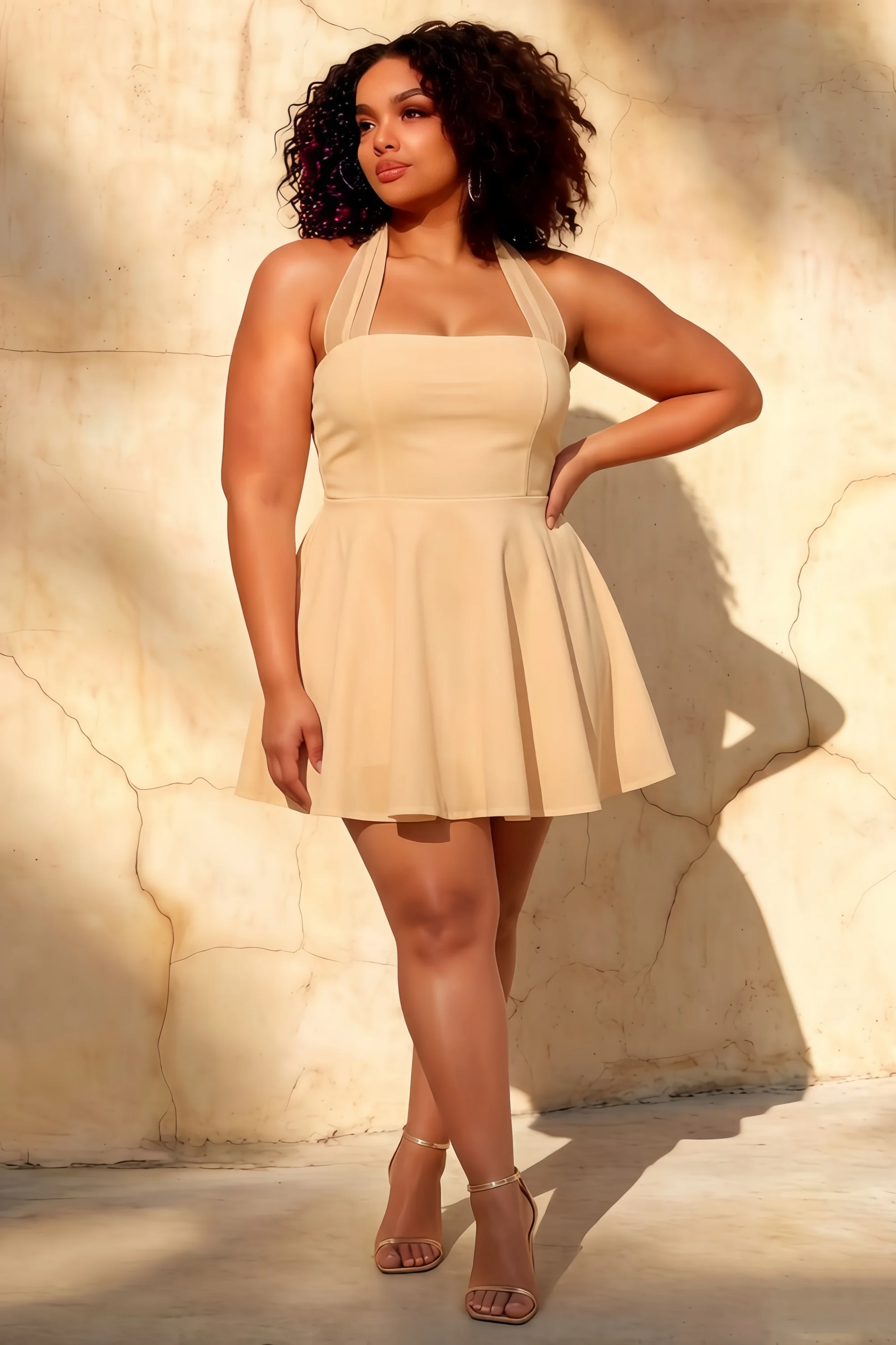 Dorothy Champagne A-Line Open Back Mini Dress | Halter Party Dress