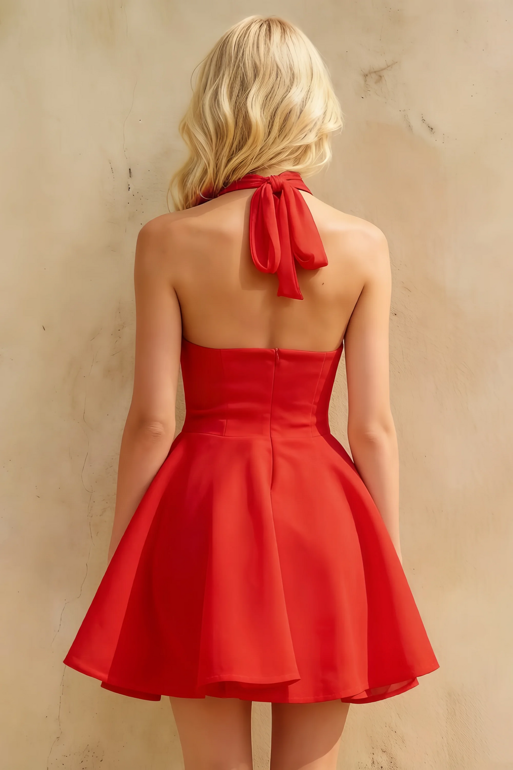 Dorothy Red Halter Backless Skater Mini Dress