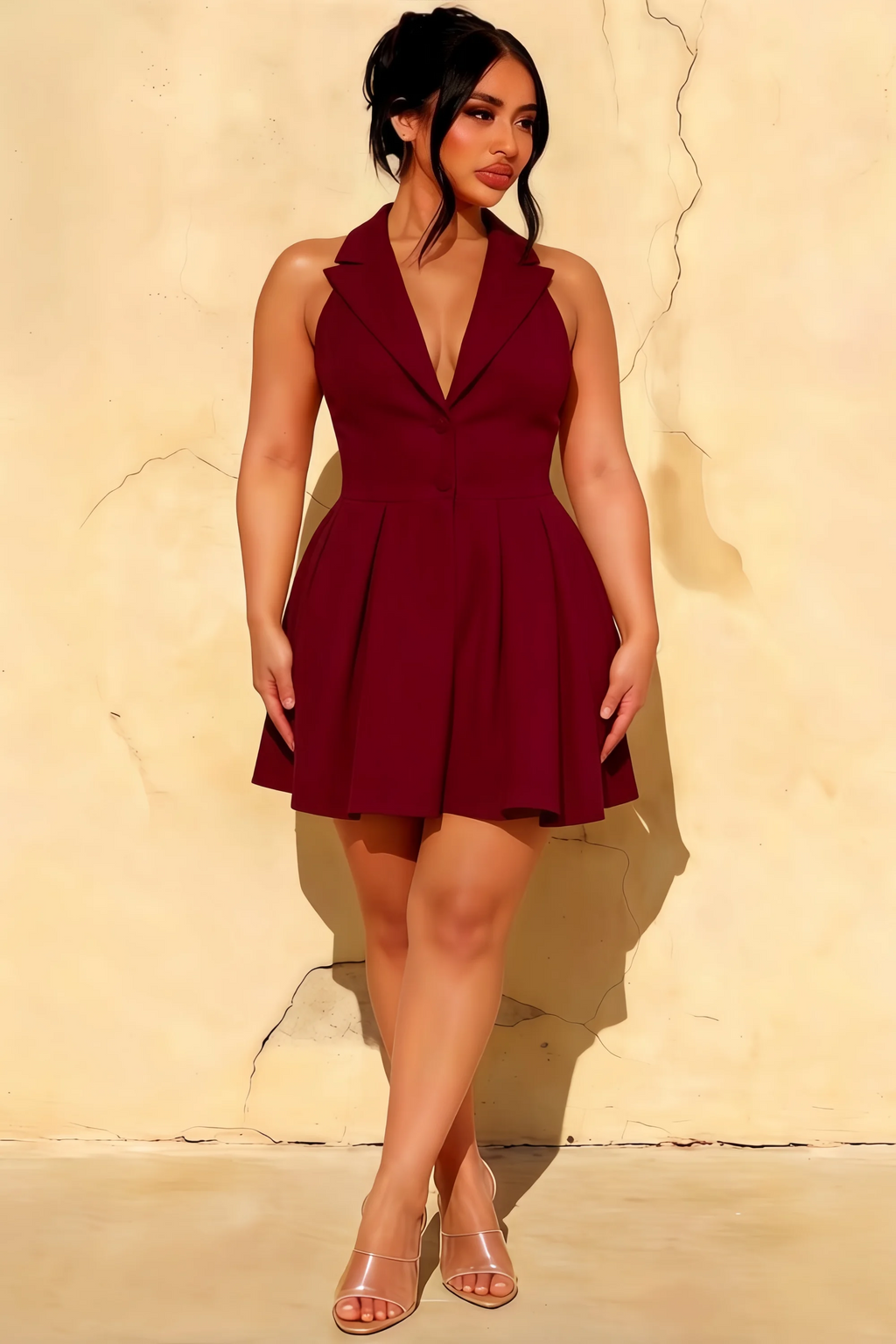Eden Burgundy Halter A Line Mini Dress