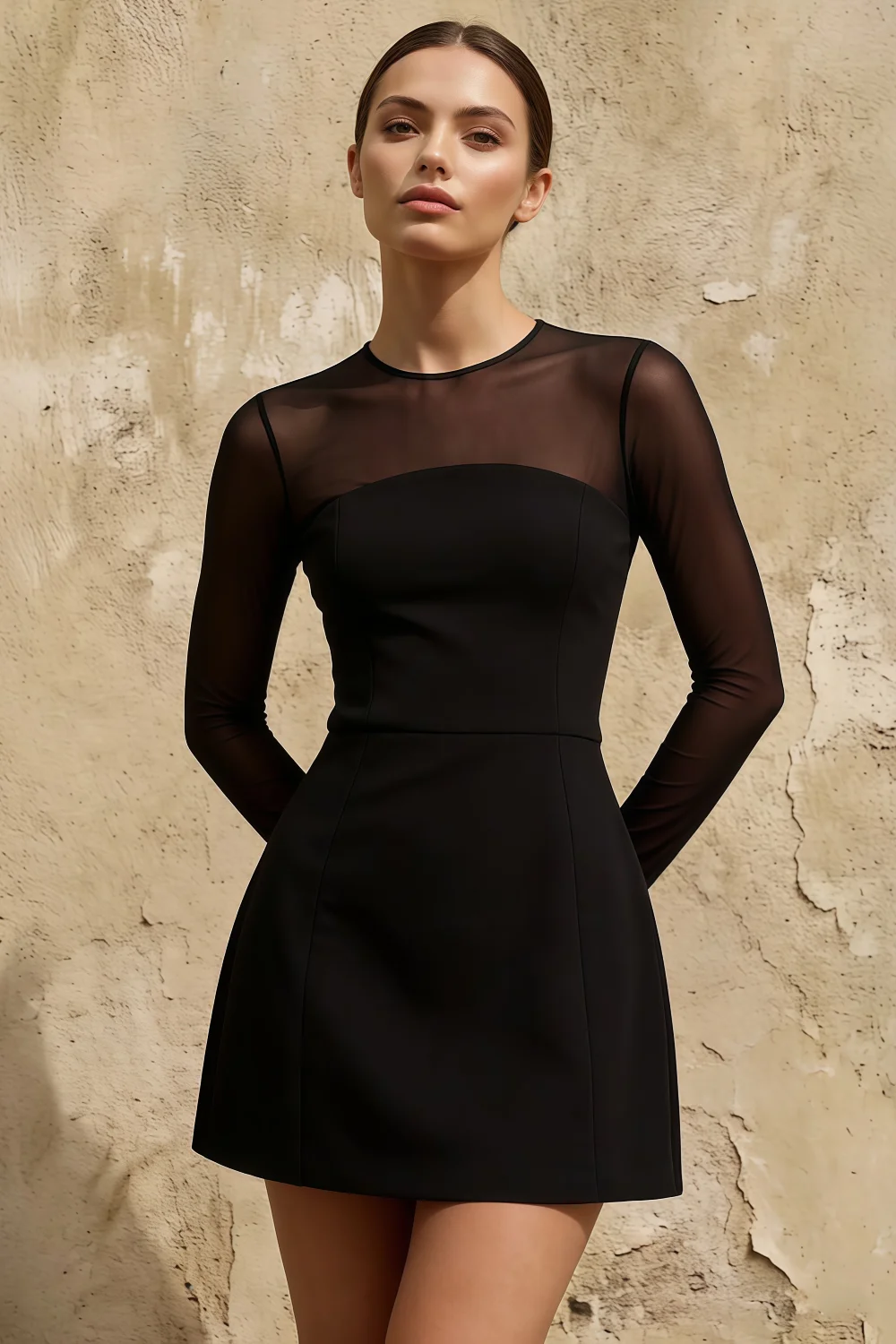 Edith Black High Neck Mini Dress with Sleeves