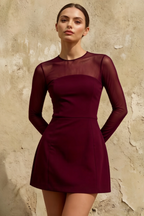 Edith Burgundy Long Sleeve Crew Neck Mini Dress