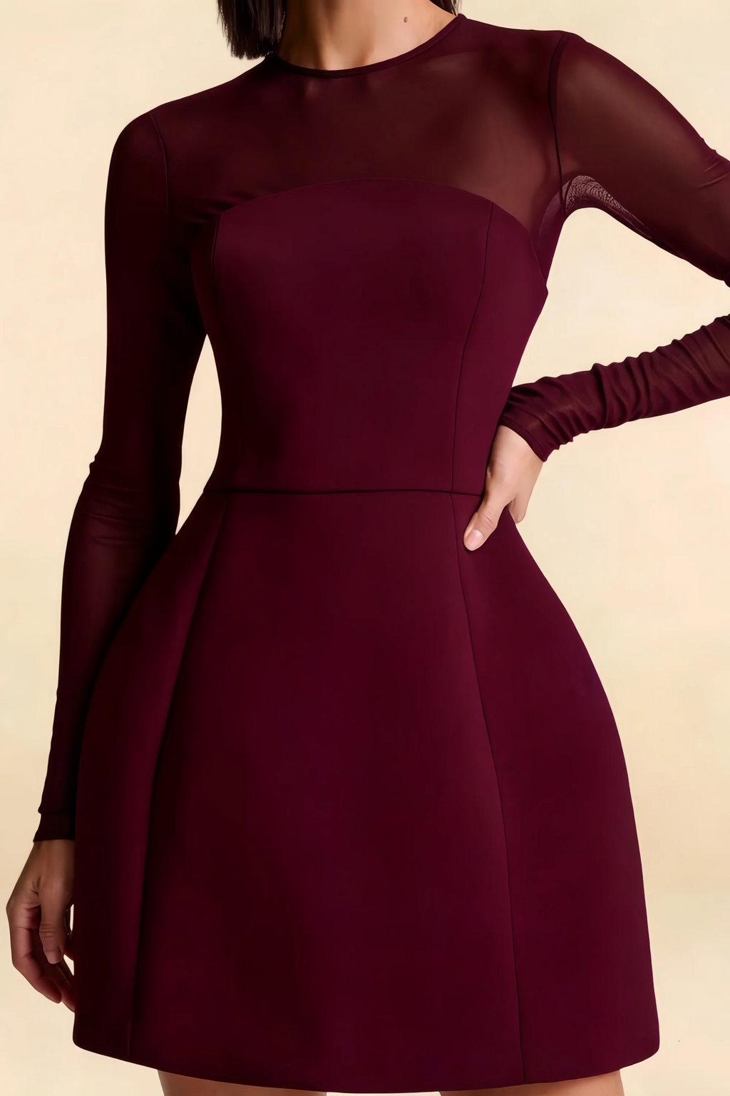 Edith Burgundy Long Sleeve Crew Neck Mini Dress