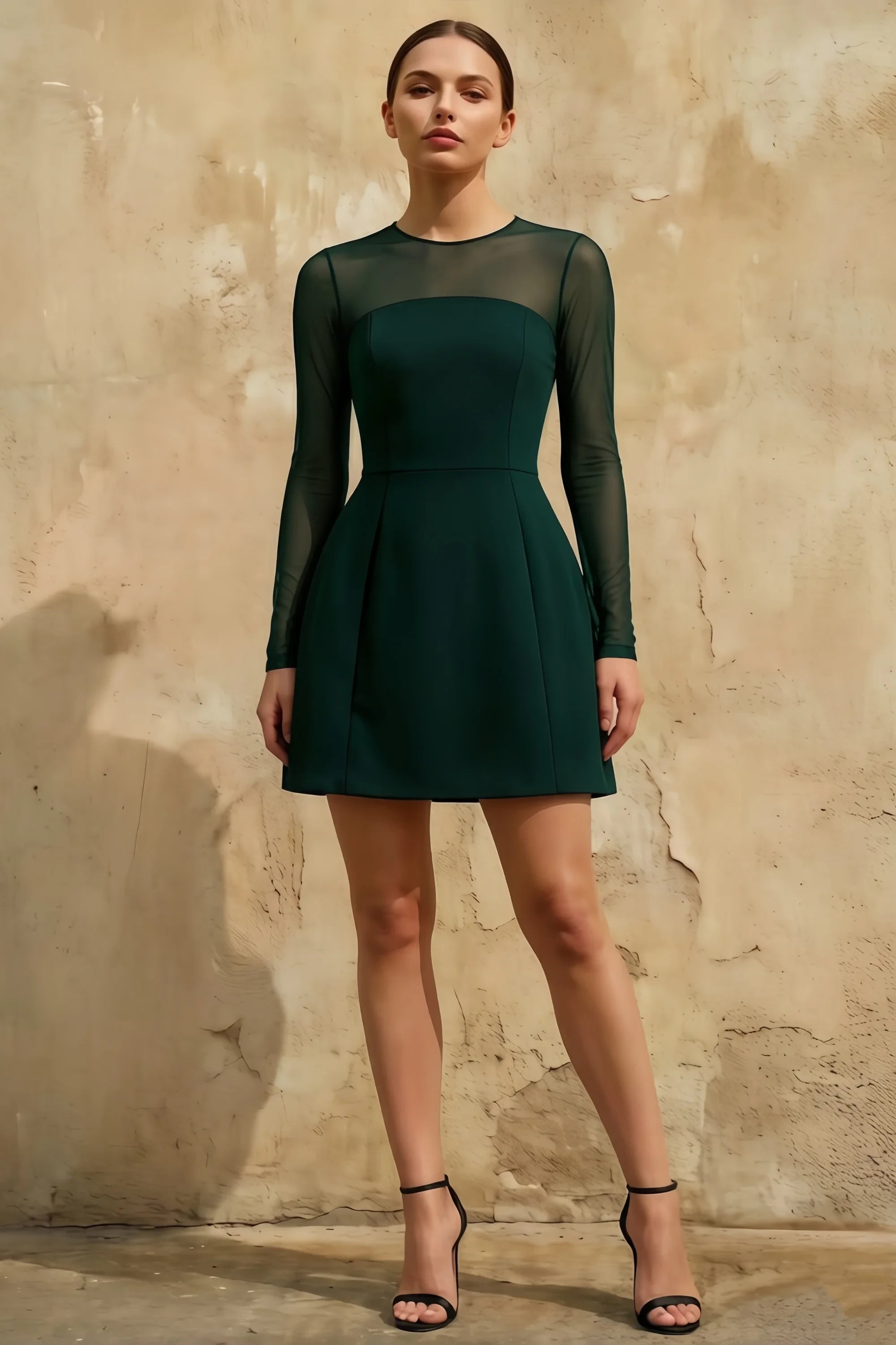Edith Emerald Green Scoop Neck Mini Dress with Sleeves Main image