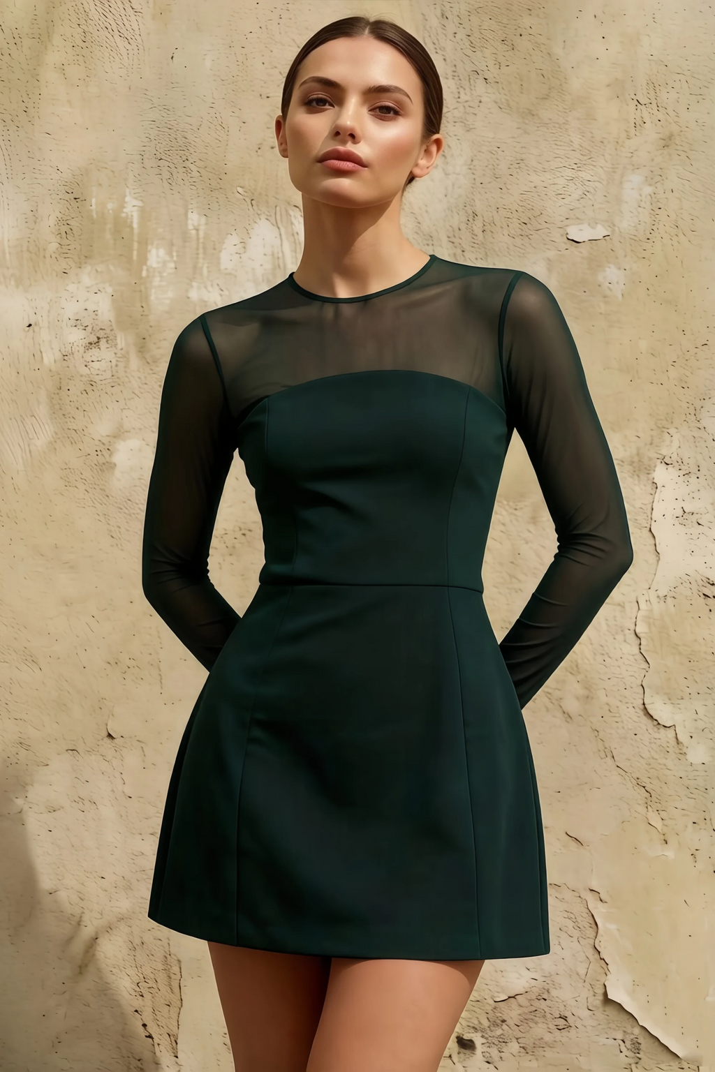 Edith Emerald Green Scoop Neck Mini Dress with Sleeves