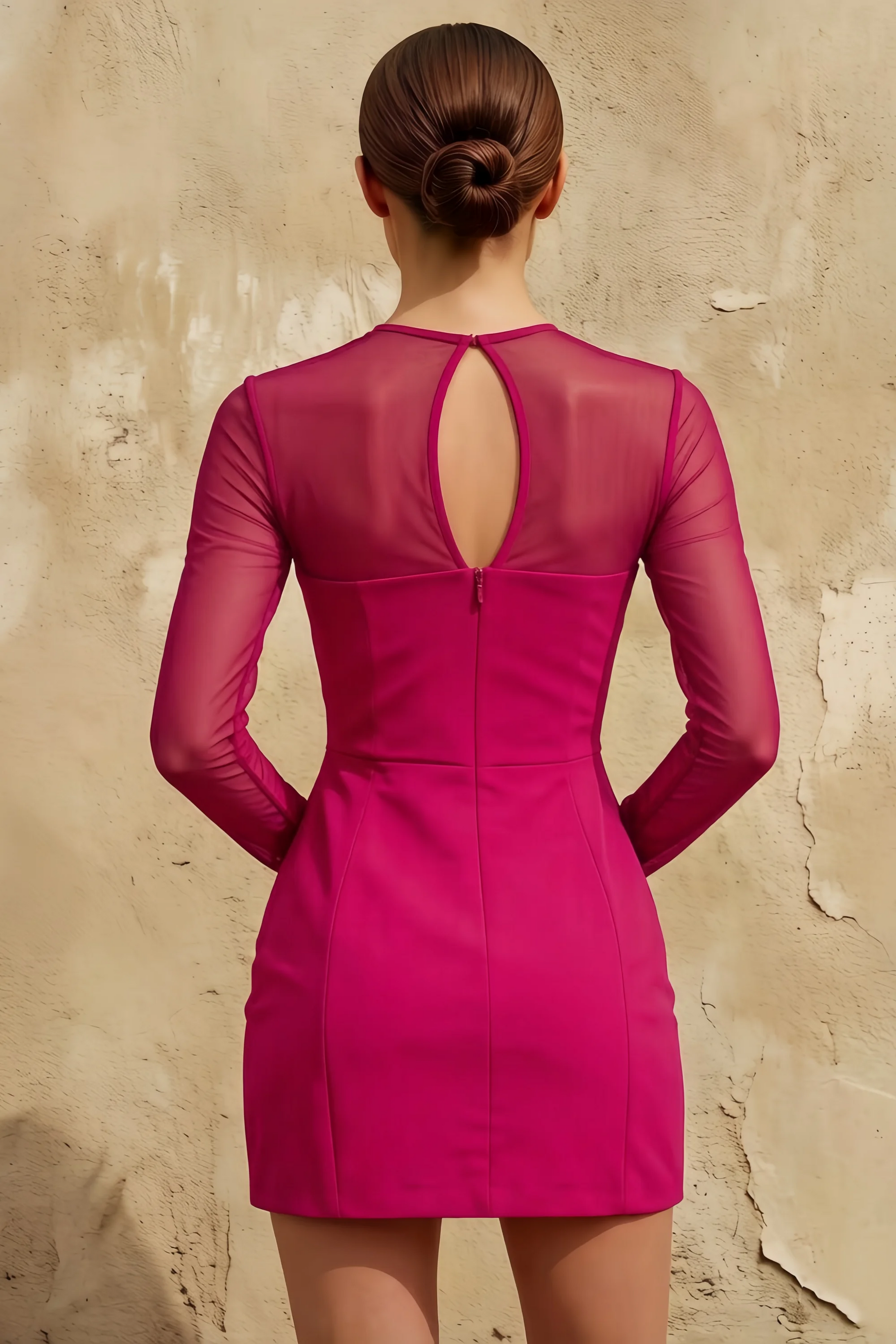 Edith Hot Pink Mesh Modest Mini Dress Long Sleeve