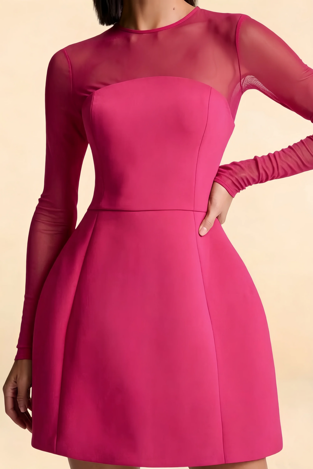 Edith Hot Pink Mesh Modest Mini Dress Long Sleeve