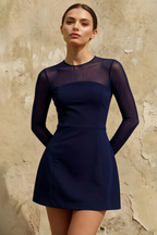 Edith Navy Mesh A-Line Long Sleeve Mini Dress for Women