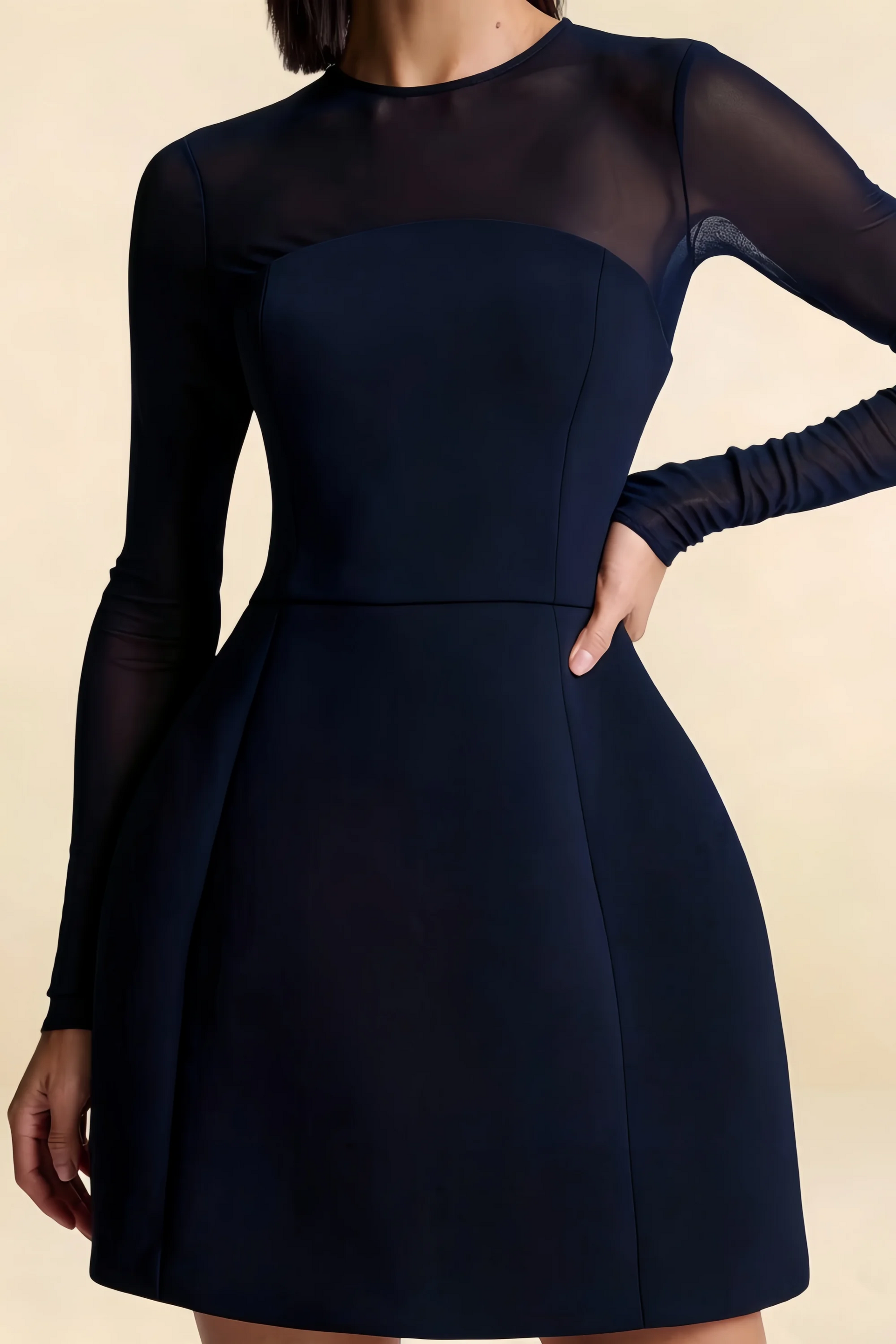 Edith Navy Mesh A-Line Long Sleeve Mini Dress for Women