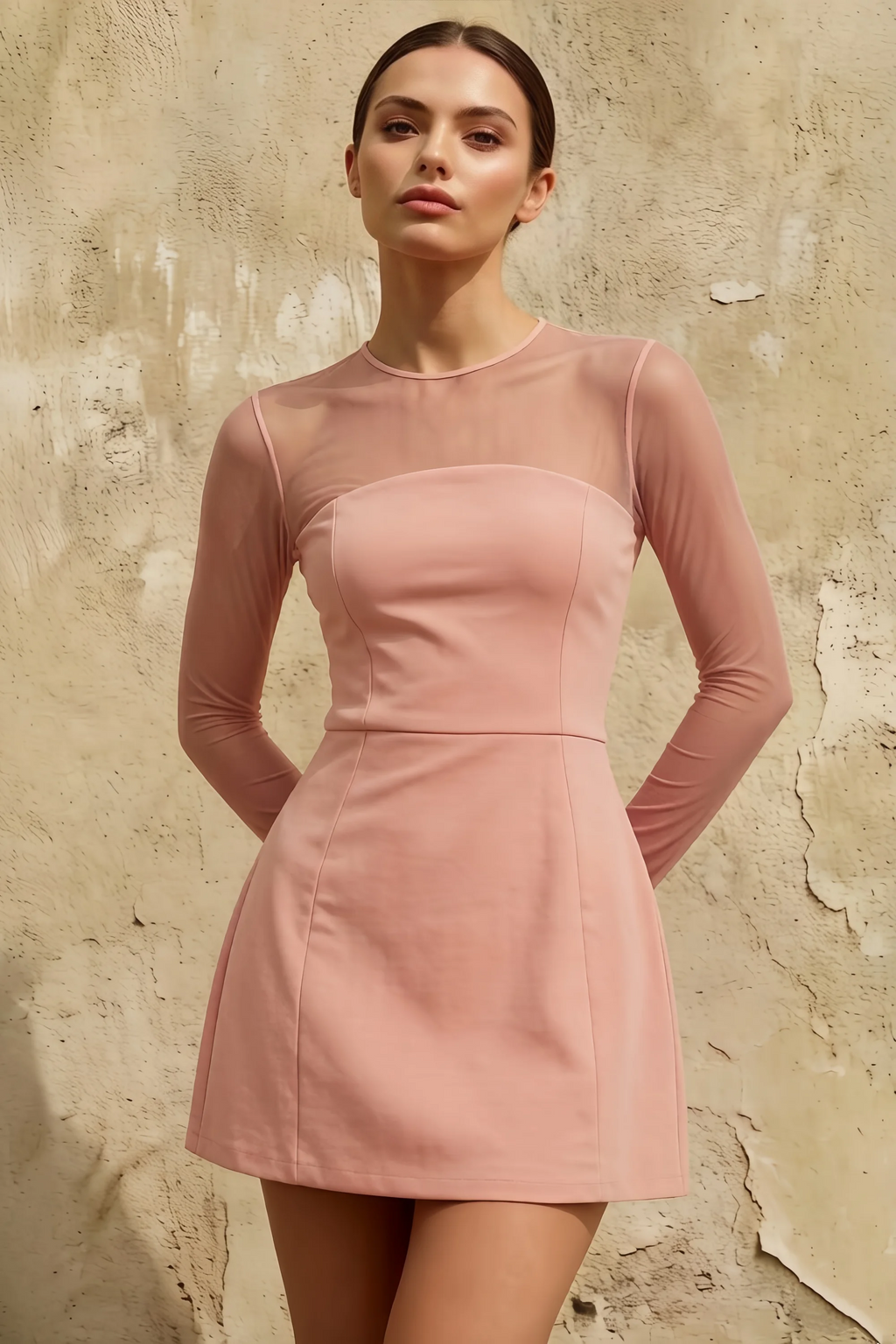 Edith Pink Mesh A-Line High Neck Mini Dress