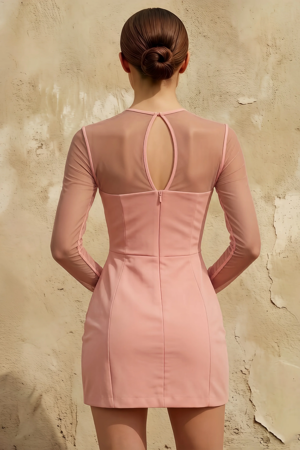 Edith Pink Mesh A-Line High Neck Mini Dress