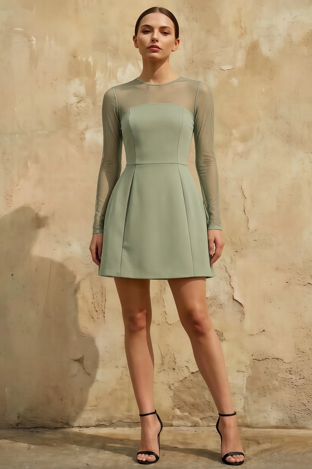Edith Sage Green A-Line Mini Dress with Sheer Mesh Sleeves