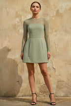 Edith Sage Green A-Line Mini Dress with Sheer Mesh Sleeves