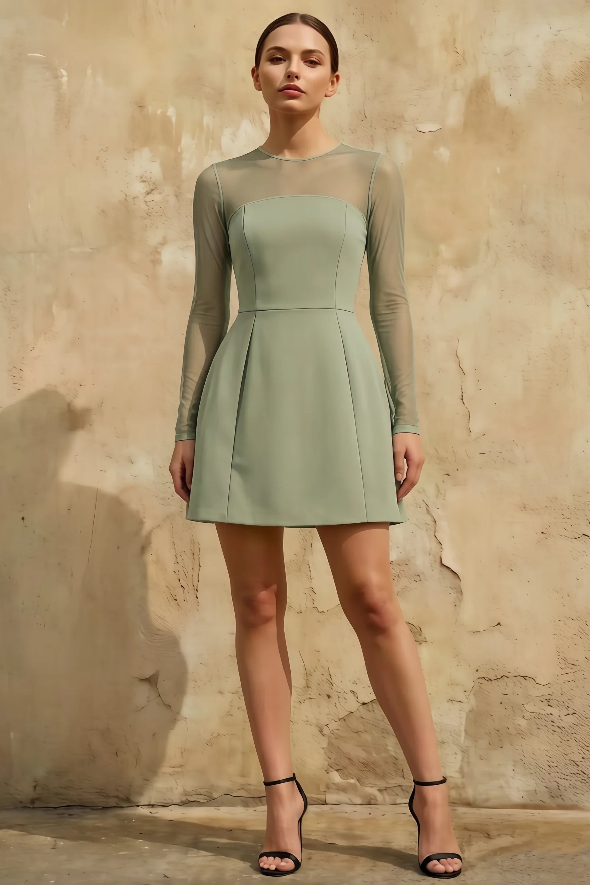 Edith Sage Green A-Line Mini Dress with Sheer Mesh Sleeves