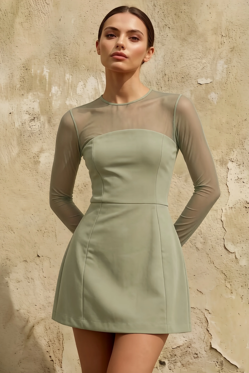 Edith Sage Green A-Line Mini Dress with Sheer Mesh Sleeves