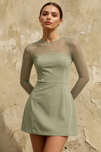 Edith Sage Green A-Line Mini Dress with Sheer Mesh Sleeves