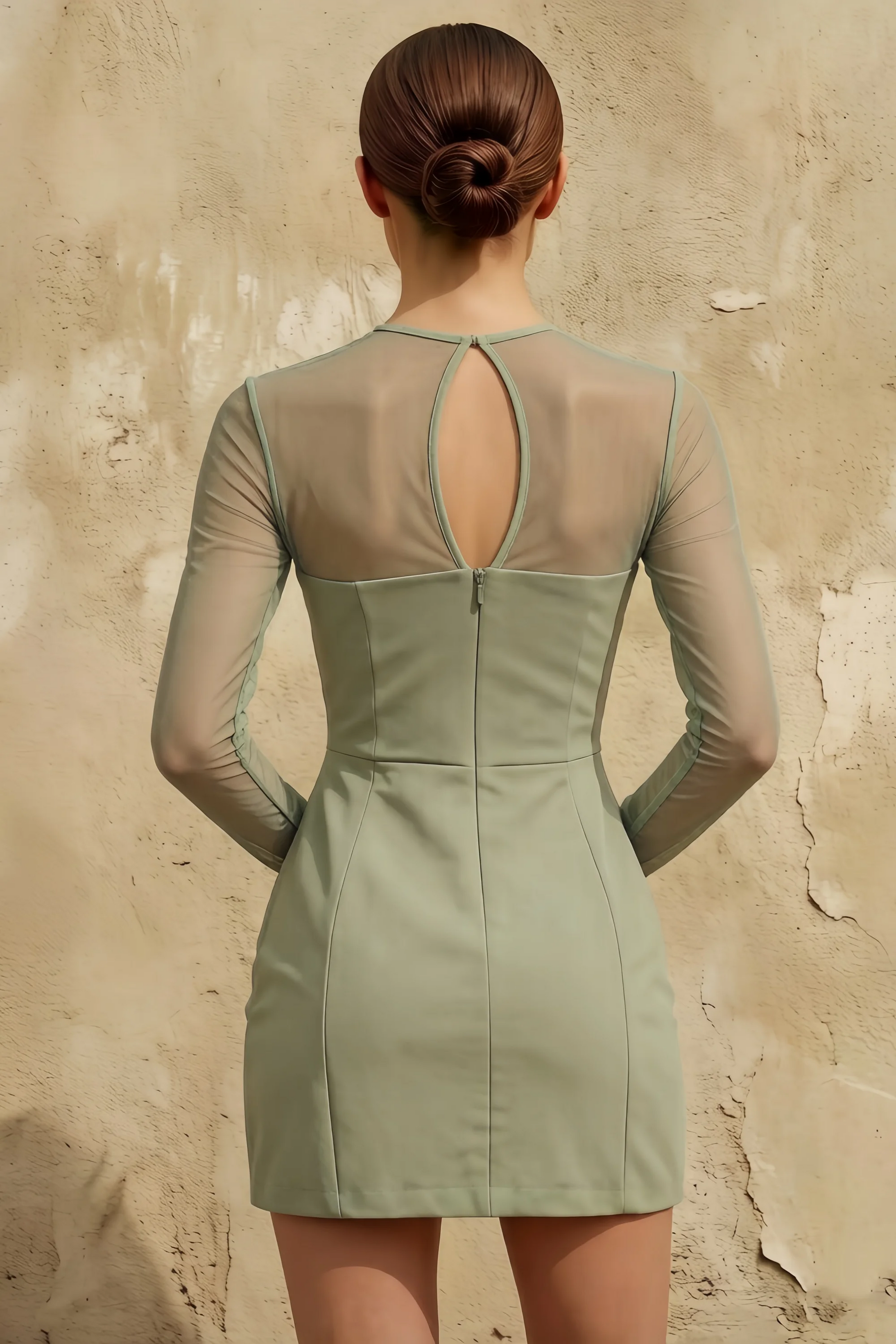 Edith Sage Green A-Line Mini Dress with Sheer Mesh Sleeves