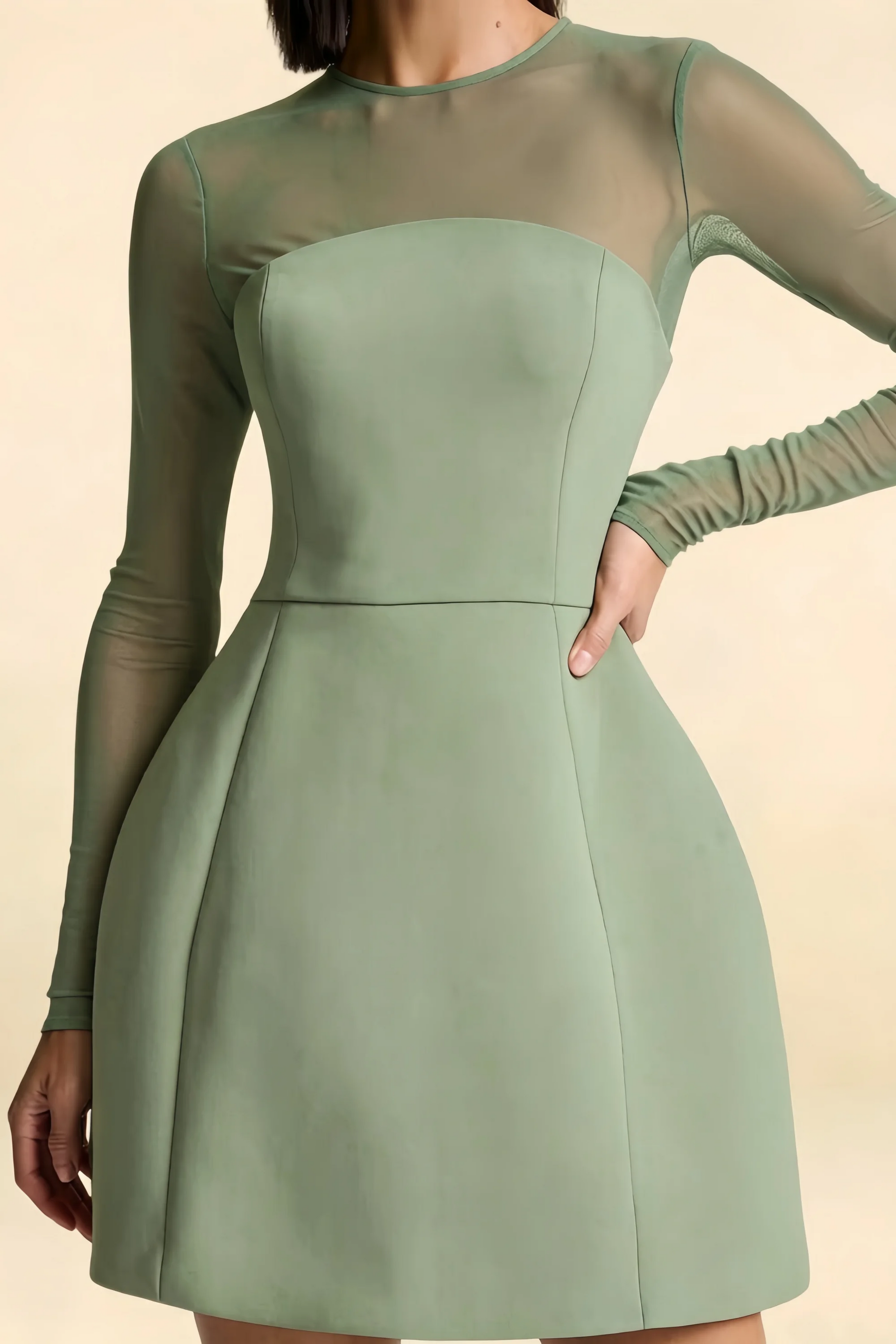 Edith Sage Green A-Line Mini Dress with Sheer Mesh Sleeves