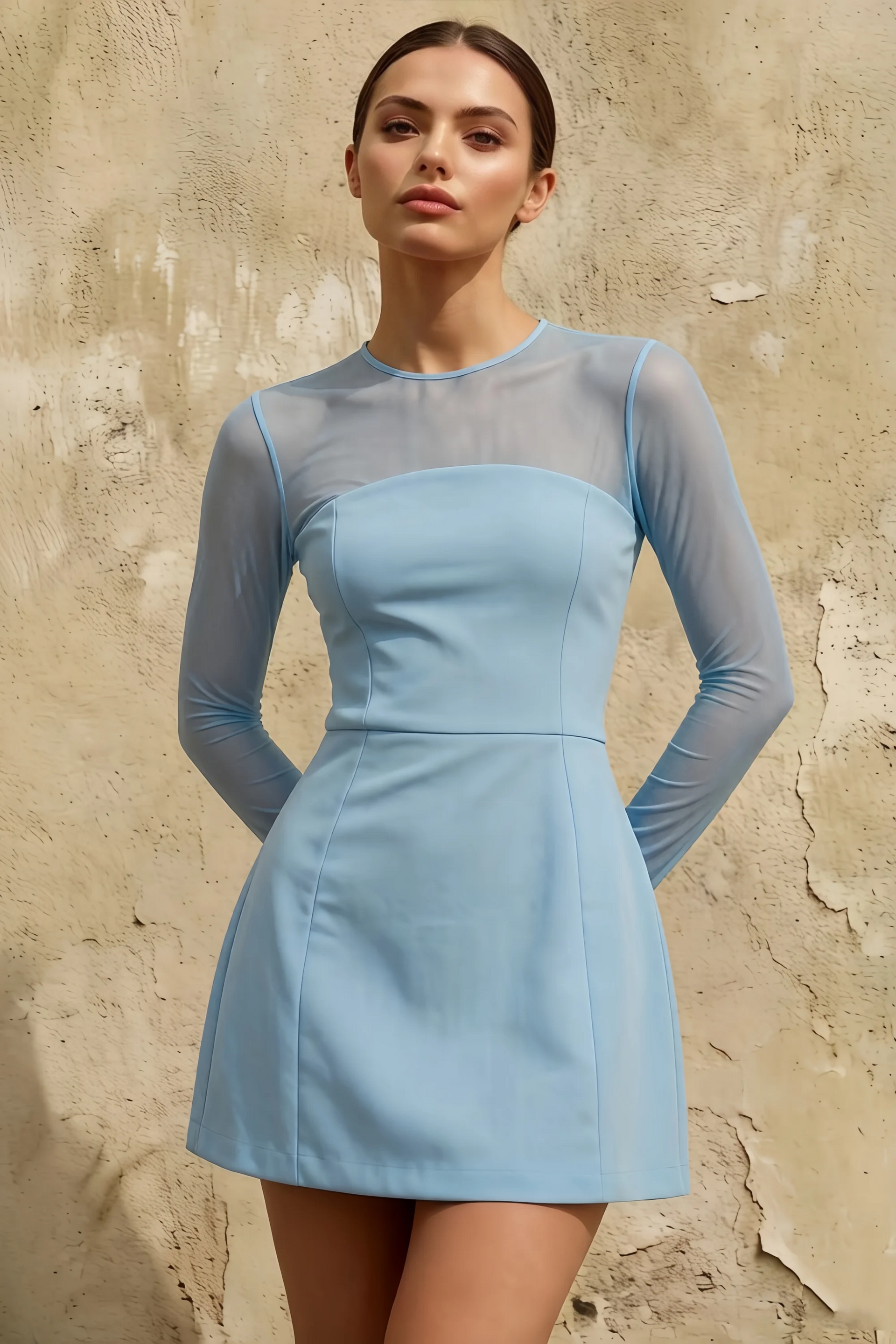 Edith Sky Blue Modest A-Line Mini Dress with Sleeves