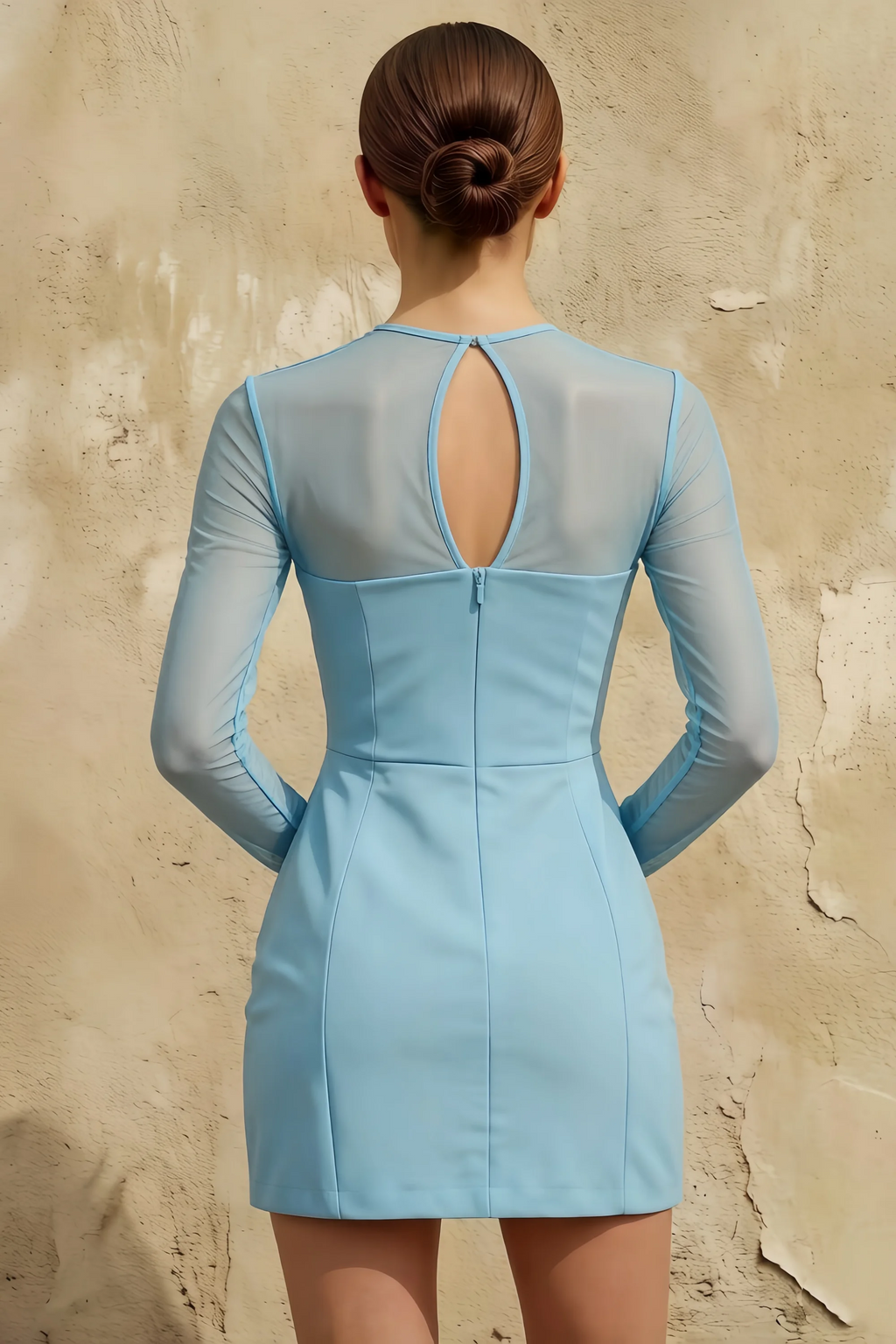 Edith Sky Blue Modest A-Line Mini Dress with Sleeves