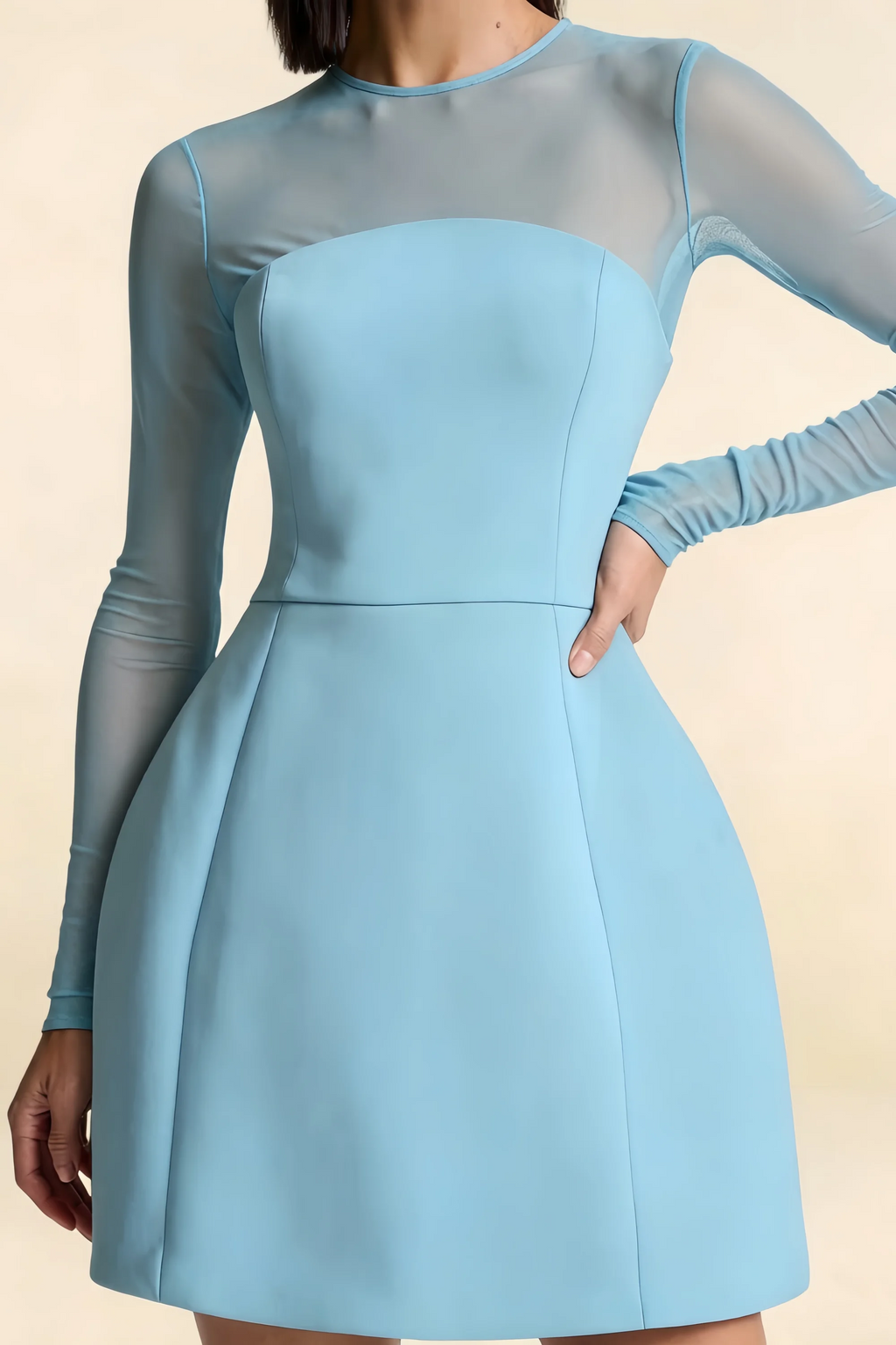 Edith Sky Blue Modest A-Line Mini Dress with Sleeves