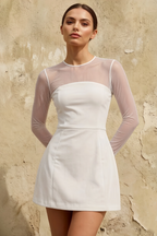 Edith White Mesh Modest Crew-Neck Mini Dress with Cutout