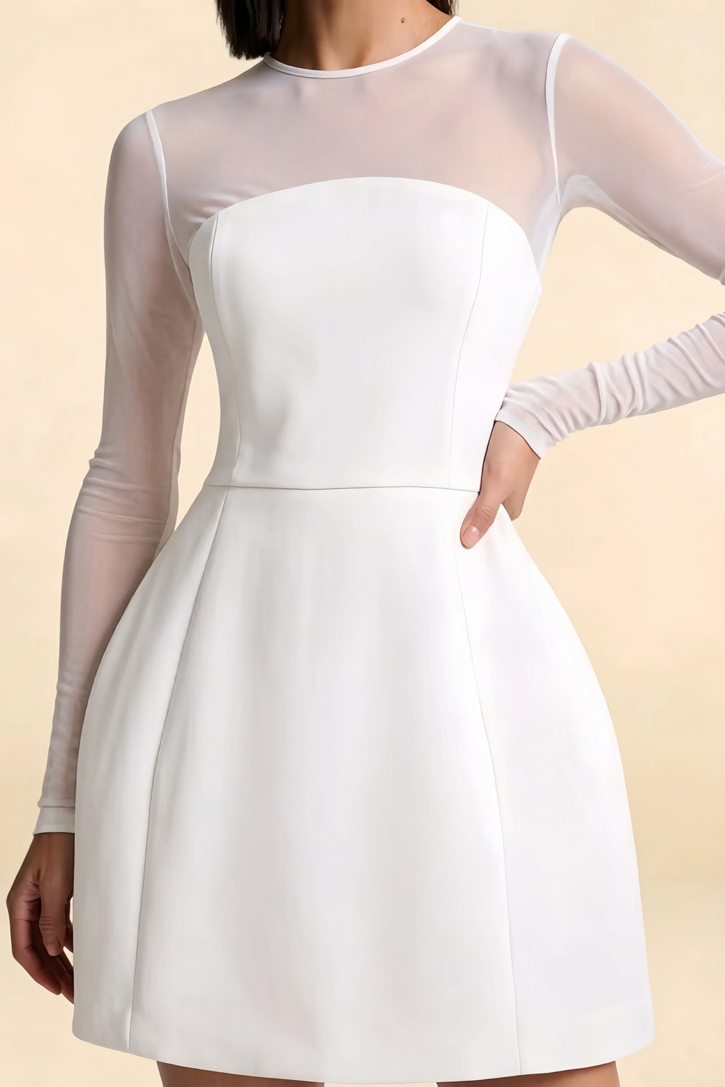 Edith White Mesh Modest Crew-Neck Mini Dress with Cutout