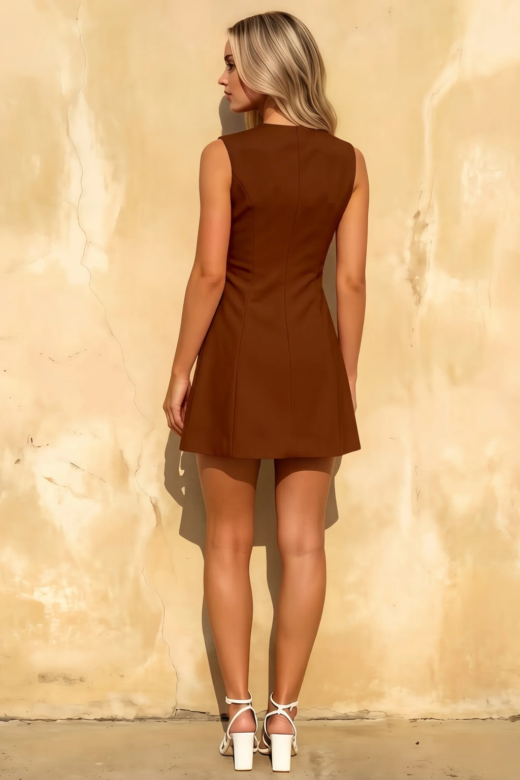 Edna Chocolate A Line Sweetheart Neck Mini Dress | Vintage Button Front Sleeveless Dress for Women