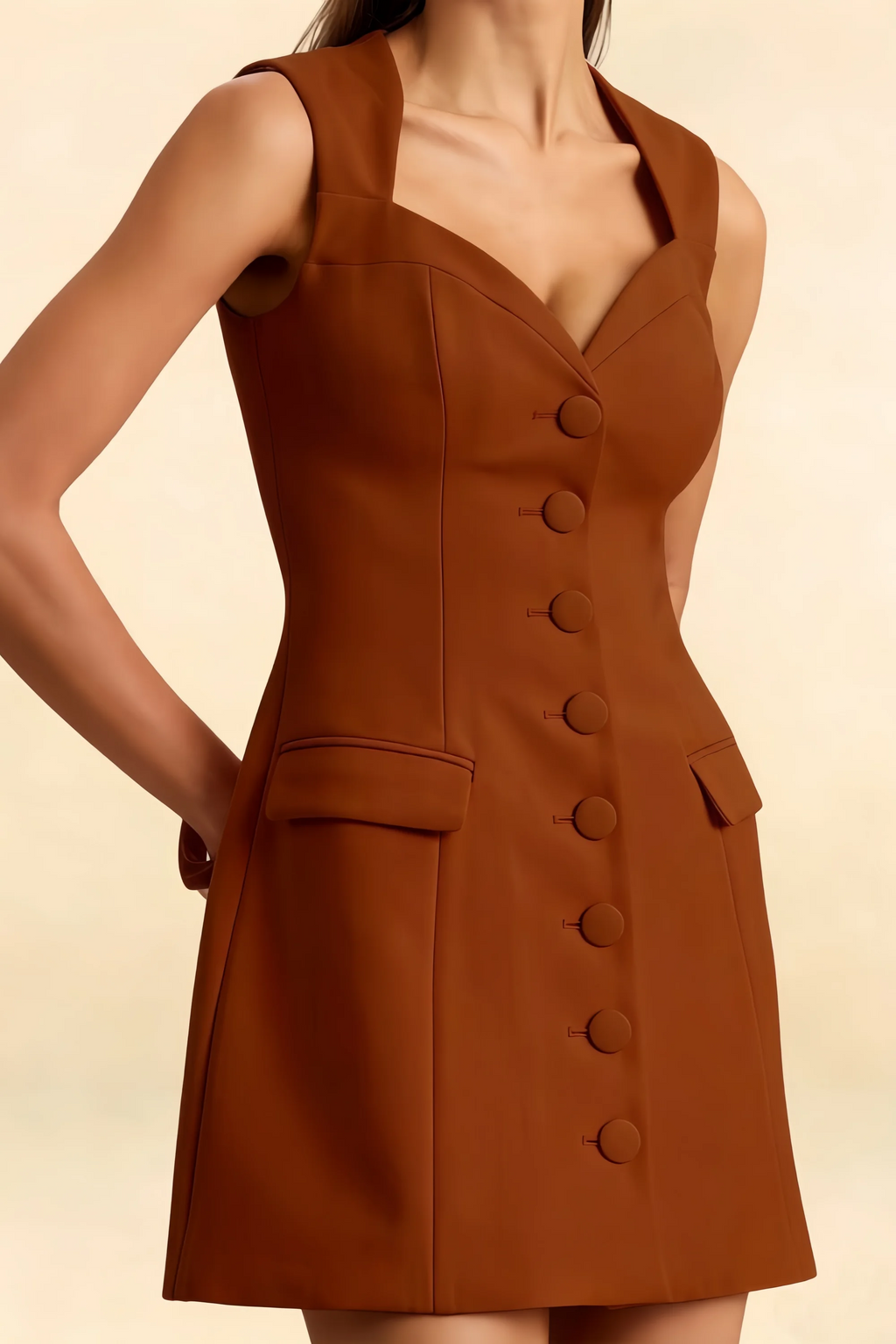 Edna Chocolate A Line Sweetheart Neck Mini Dress | Vintage Button Front Sleeveless Dress for Women
