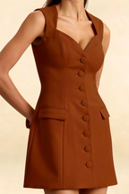 Edna Chocolate A Line Sweetheart Neck Mini Dress | Vintage Button Front Sleeveless Dress for Women