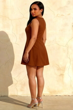 Edna Chocolate A Line Sweetheart Neck Mini Dress | Vintage Button Front Sleeveless Dress for Women