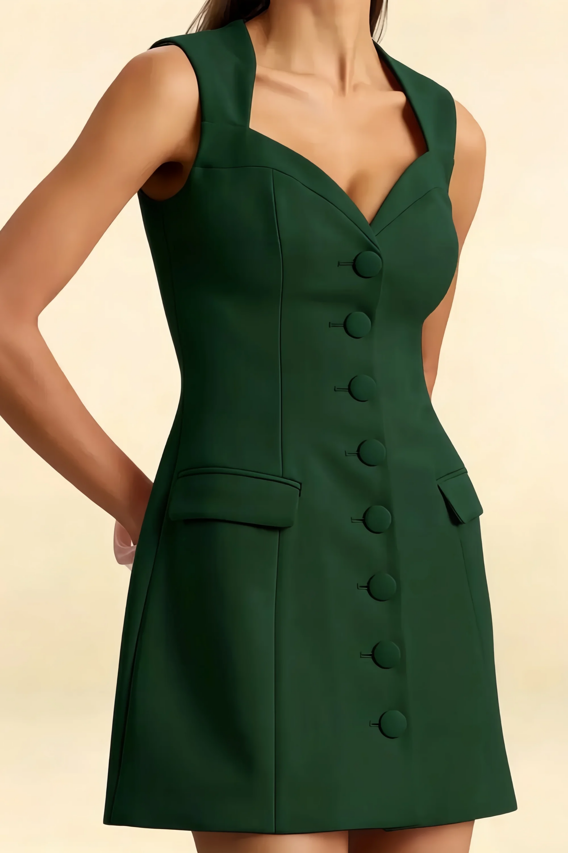 Edna Dark Green Sweetheart Neck Mini Dress with Pocket