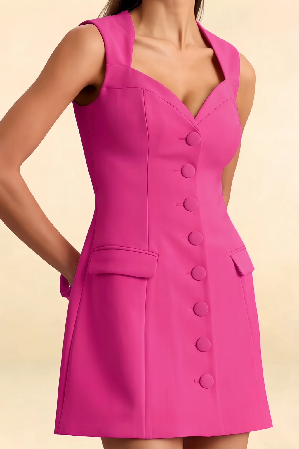 Edna Hot Pink Sweetheart Neck Mini Dress with Button