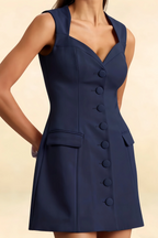 Edna Navy Modest Mini Dress with Buttons | Sweetheart Neckline Pocketed Formal & Party Dress
