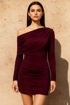 Elena Burgundy Asymmetric Round Neck Mini Dress