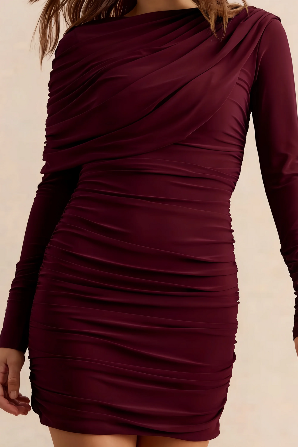 Elena Burgundy Asymmetric Round Neck Mini Dress